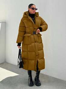 EURMUSE Hooded Buckle Belt Quilted Long Puffer Women's Down Coat With Gloves - Camel - View 1