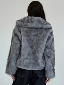 Aloruh 秋冬女式落肩长袖纽扣设计时尚宽松仿皮草夹克 - 棕色 - 查看 2