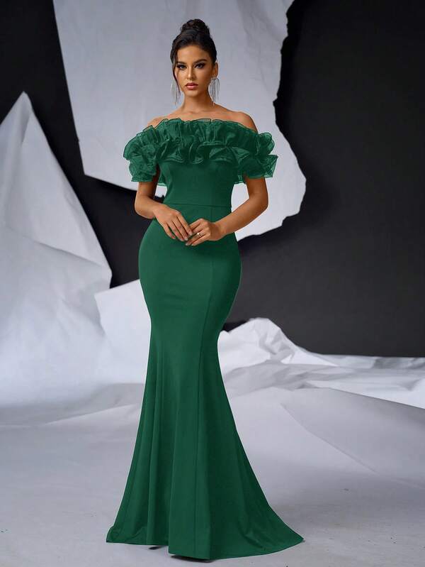 Glamrae Elegant Black Dramatic Mesh Floral Off Shoulder Floor-Length Fitted Mermaid Dress For Wedding Events (Heavy)