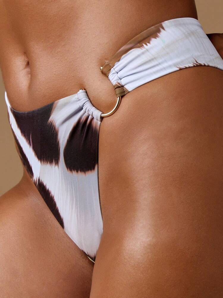 MISSGUIDED High Waisted Bikini Bottom With Side Ring Detail Animal Print Pattern Abstract Tie Side Swimming Beach Pool Party Bathing Suit Bottom Trendsetting Design