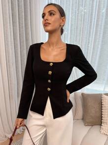 Lavishia Áo sơ mi nữ dài tay cổ vuông màu đen, cài cúc vàng hồng, ôm dáng, thời trang cho nữ đi làm, công sở, doanh nhân, trang phục công sở nữ, áo sơ mi cài cúc nữ, áo dài tay nữ, áo dài tay màu đen, áo kiểu công sở nữ, áo mùa thu, áo kiểu nữ thanh lịch. - màu đen - Xem 3