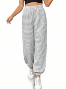 EMERY ROSE Elegant & Casual High Waist Loose Waffle Plaid Tapered Leg Women Pants, Autumn/Winter Fall Cloth For Women - Grey - View 3