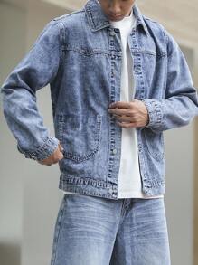 Manfinity Homme Plus Size Men's Long Sleeve Casual Light Blue Snow-Washed Denim Jacket , Fall - Blue - View 3