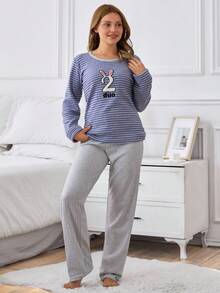 EURMUSE 女士两件套罗纹针织条纹可爱兔耳刺绣细节长袖衬衫和家居服睡衣套装 - 紫色 - 查看 3