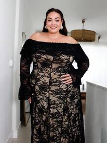 Pretty and Ole Đầm ren ôm sát hở vai cổ bèo nhún - màu đen - Xem 6