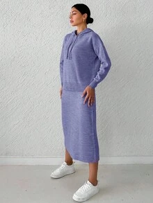 SHEIN Cottnline Ladies' Solid Color Drawstring Hooded Sweater And Knitted Skirt Two Piece Set - Lilac Purple - View 3