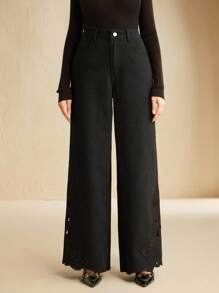 Anewsta 女士新款精致镂空刺绣显瘦高腰牛仔裤，适合情人节和母亲节穿着。 - 黑色 - 查看 3