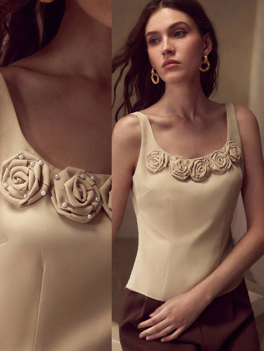 MOTF PREMIUM FAUX PEARL STEREO FLOWER DETAIL SLIM FIT TANK TOP - Khaki - View 1