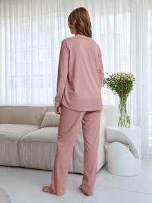 Cotton 2Pcs  Slogan Printed Long Sleeve Shirt And Long Bottom Lounge Set