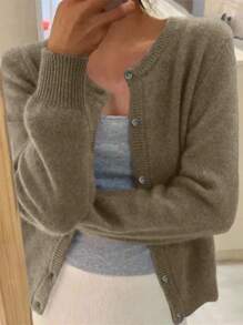 INAWLY Cárdigan casual de una hilera de botones de color liso de manga larga para mujer, para primavera y otoño - Camel - Ver 4