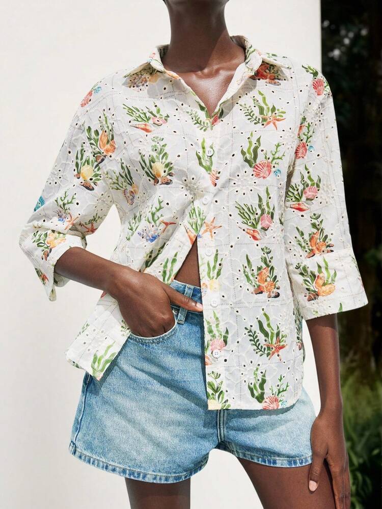 SHEIN Maija Blusa de mujer casual de vacaciones con estampado completo, bordado hueco, para mujer, para ir a la playa, para salir, blusas con botones, camisas lindas, camisas divertidas, tops lindos de mujer, tops de vacaciones de estilo kawaii, tops para salir de mujer, blusas bohemias para mujer