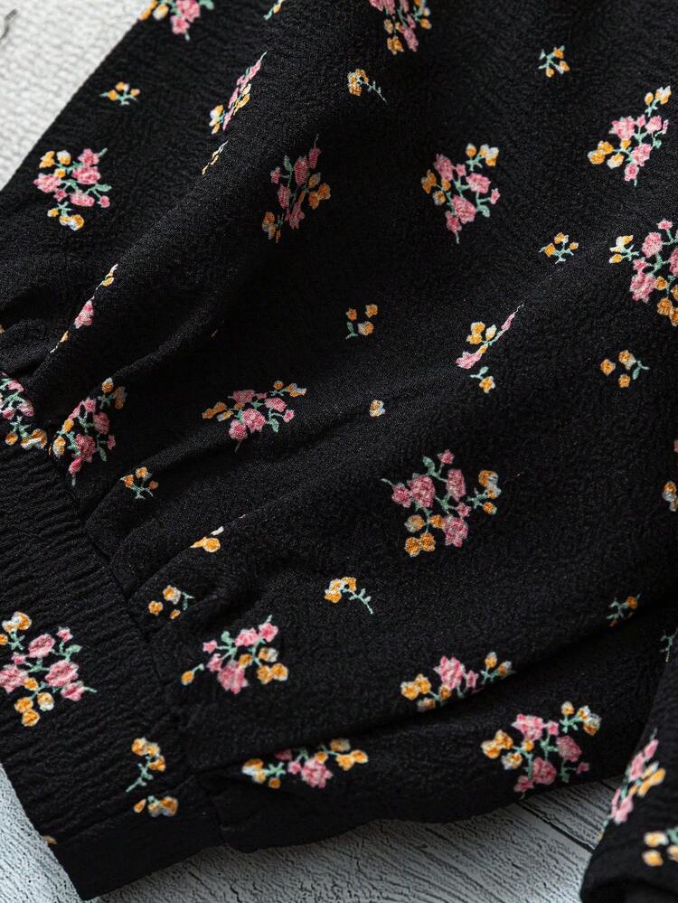 Linhara 女士加大码简约圆领纹理泡泡褶皱印花全幅小碎花插肩袖衬衫上衣，西部风夏季波西米亚秋季款 - 彩色 - 查看 4