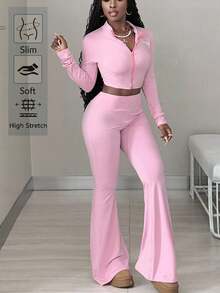 Coolane 女士秋季日常穿着外出基本款运动服健身房瑜伽粉色紧身胸衣外套和小喇叭裤两件套 - 粉色 - 查看 2