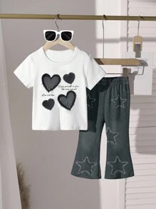 2pcs Young Girls Casual Fashion Cute Denim Print Heart Pattern Short Sleeve Round Neck T-Shirt And Flare Pants Set, Suitable For Daily Outings In Summer
