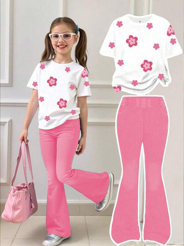 2 piezas Conjunto de top de manga corta con cuello redondo y pantalones acampanados con estampado floral en estilo de mezclilla, casual y lindo, adecuado para uso diario para niñas jóvenes