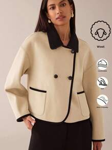 Lilora Women's Casual Contrast Color Lapel Drop Shoulder Long Sleeve Woolen Coat In Fall/Winter - Beige - View 10