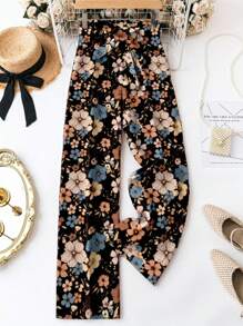 SHEIN LUNE Plus Size Women Vintage Floral Print Waist Tie Long Pants, Suitable For Spring And Summer Suitable For Going Out