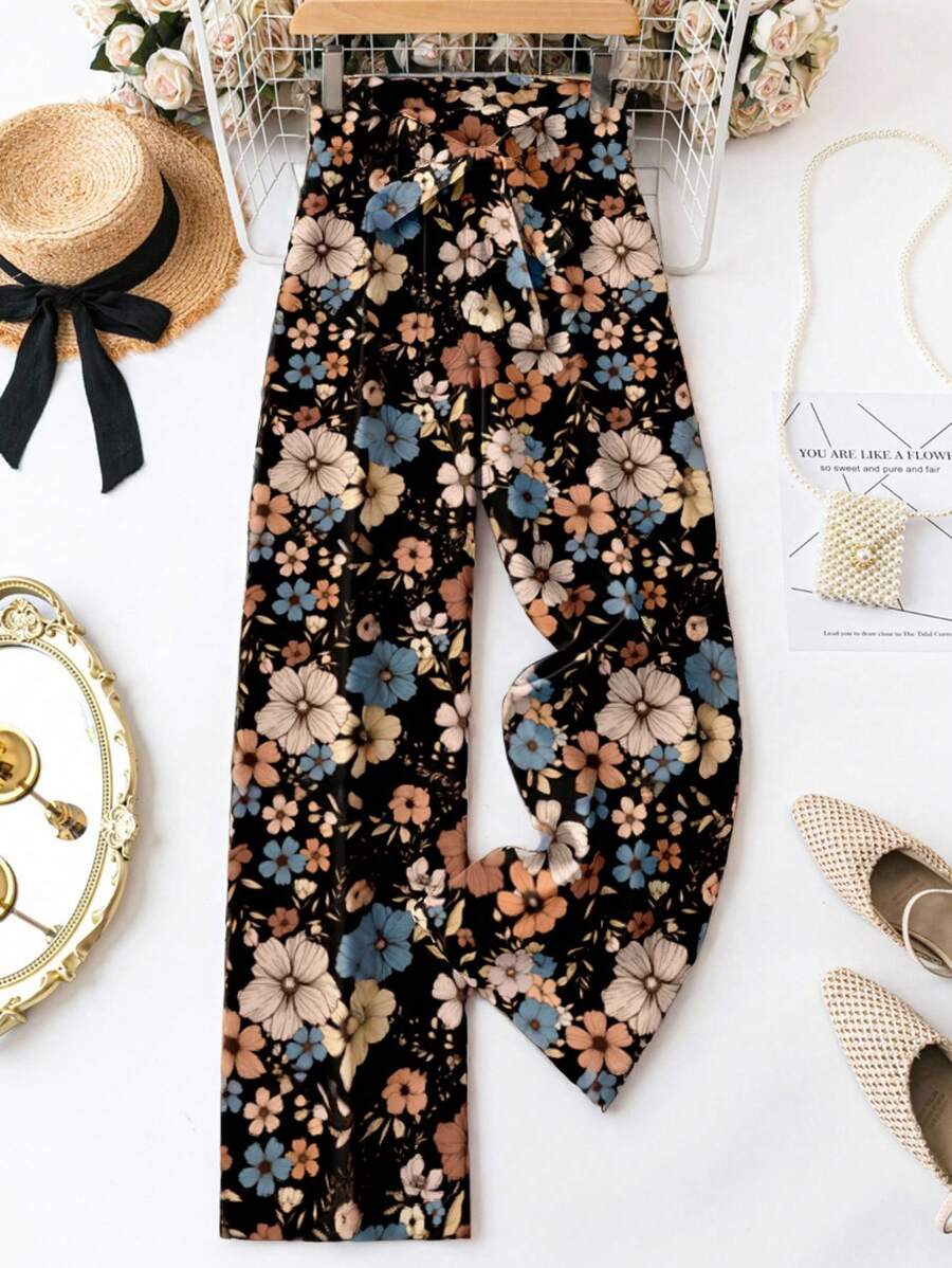 SHEIN LUNE Plus Size Women Vintage Floral Print Waist Tie Long Pants, Suitable For Spring And Summer Suitable For Going Out