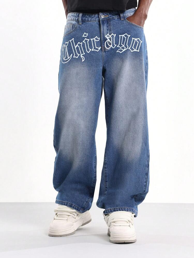 Wide Leg Gothic Text Print Denim Jeans