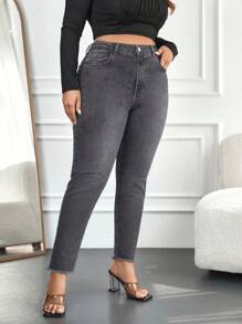 SHEIN Cottnline 98%Cotton Plus High Waist Raw Cut Skinny Jeans - Black - View 5