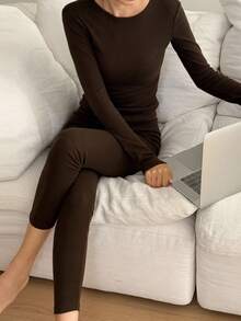 DAZY Conjunto de ropa de estar en casa de punto de unicolor y ajustado para mujer, ropa de invierno y otoño, pijama