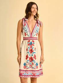 CAJUNI Women's Floral Print Tie-Up Casual Vacation Mini Dress - Multicolor - View 4