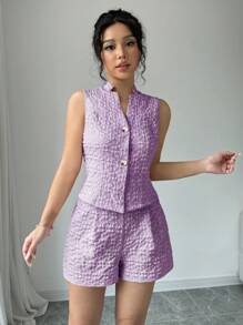 Elenzga 2 件套女士夏季单排扣休闲背心和宽松短裤，2 件套新年衣服 - 紫色 - 查看 4