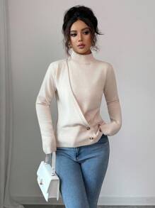 Elenzga 女式不对称修身立领长袖纽扣设计毛衣，时尚 - 杏色 - 查看 7