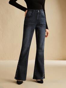 Anewsta Quần jean denim đen đính đinh tán phong cách đường phố, phù hợp cho mùa thu, thanh lịch, sang trọng, Giáng sinh, năm mới - màu đen - Xem 7