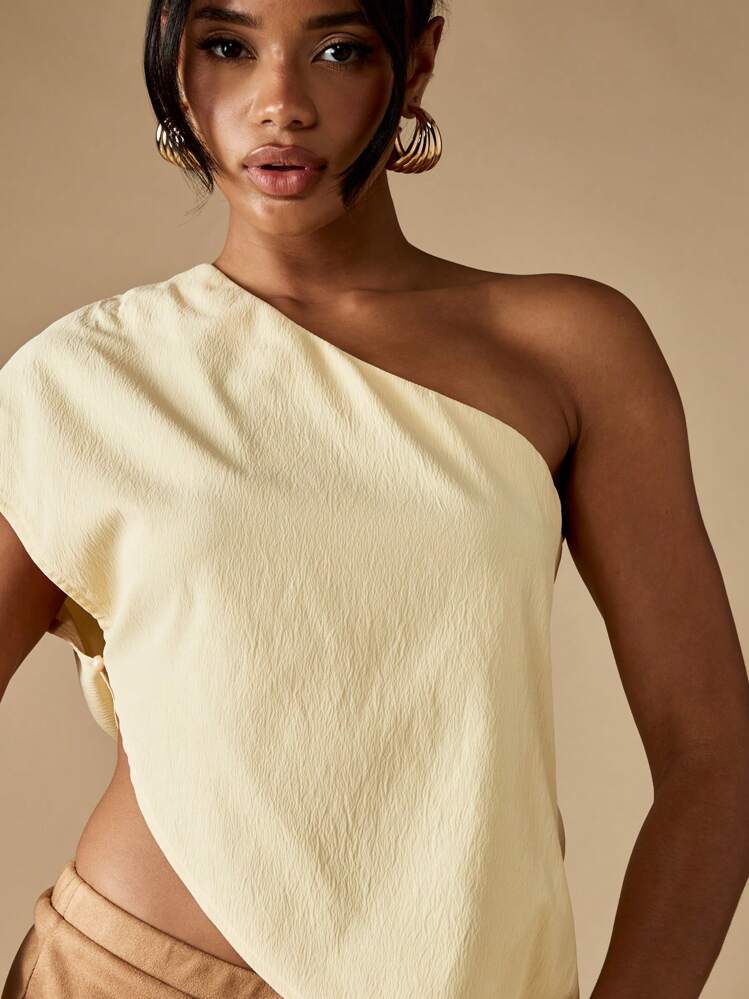 MISSGUIDED 单肩短款上衣晚会俱乐部优雅现代设计时尚女性简约不对称休闲现代夏季 - 杏色 - 查看 4