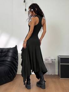 Coolane 女士纯色荷叶边不对称下摆无袖连衣裙 - 黑色 - 查看 6