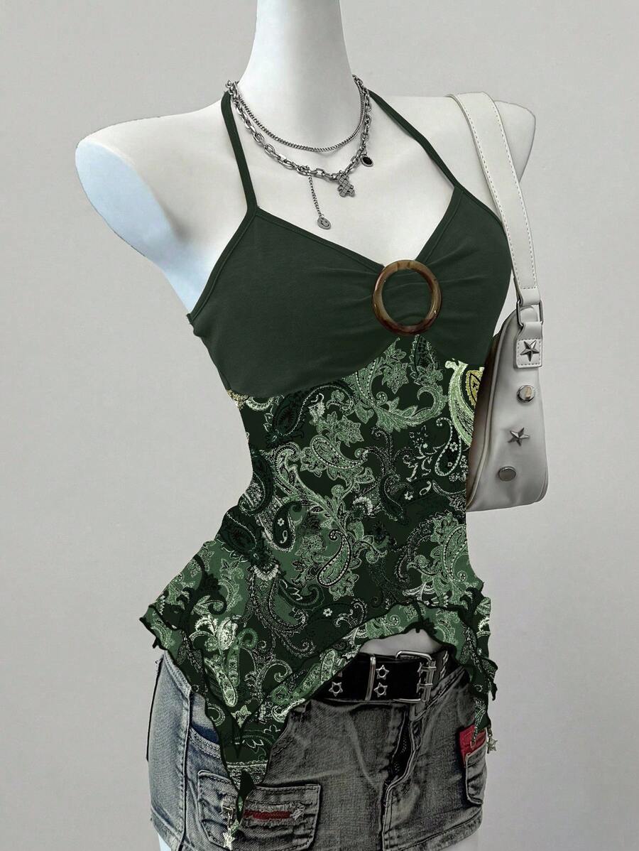 SHEIN EZwear 女式休闲复古花卉印花网眼吊带背心，适合夏季 - 墨綠色 - 查看 1