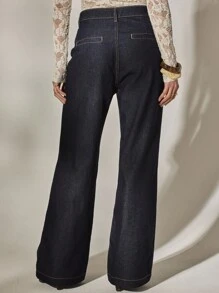 Aralina Summer Fall Winter Y2K Western Stockholm Style Indigo Denim Patch Pocket Flare Leg Country Concert Jeans - Dark Wash - View 3
