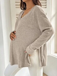 SHEIN 休闲宽松纯色舒适百搭长袖哺乳上衣 - 卡其色 - 查看 4