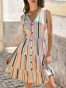 Brillora Colorful Stripe Sleeveless V-Neck Dress With Layered Ruffle Patchwork, Chic & Refreshing For Spring/Summer Vacation,Vacation Summer Beach Dress,Dresses For Women,Vacation Outfits Woman - Multicolor - View 1