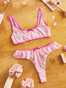 FairyFlirt Conjunto de lencería dulce para mujer con 2 piezas, lazo envolvente de encaje floral de color contrastante rosa y volantes en el bajo - Rosa - Ver 8