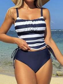 Swim Lushoire 2pcs/Set Women's Navy Striped Print Tankini Top And Triangle Bottoms Swimsuit, Beach Vacation - Blue and White - View 3
