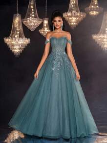 Glamrae Elegantes erbsengrünes trägerloses Oberteil mit doppelter Lage und Fischgrätband, luxuriöser bestickter transparenter Überwurf, Oversized A-Linien Rock mit verstellbarer Kordel, geeignet für Abschluss, Geburtstag, Party, Abschlussball, Abendrobe