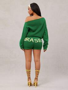 Radiana 2pcs Women's Numeric Pattern Asymmetric Neck Long Sleeve Sweater And Knitted Shorts Set,Autumn And Winter,ملابس شتوية للنساء - Multicolor - View 2