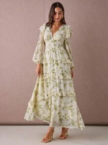 Enchnt 秋冬浪漫女士杏色花卉印花V领长袖荷叶边长裙