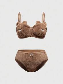 ROMWE Kawaii 可爱刺绣毛绒熊手工无钢圈加大码内衣套装，情人节礼物