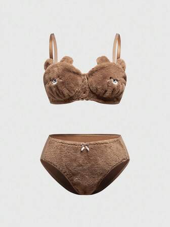 Kawaii Süßer bestickter Plüschbär handgemachtes drahtloses Lingerie-Set in Große Größen