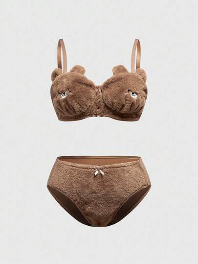ROMWE Kawaii Cute Embroidered Plush Bear Handmade Wireless Plus Size Lingerie Set, For Valentine's Day
