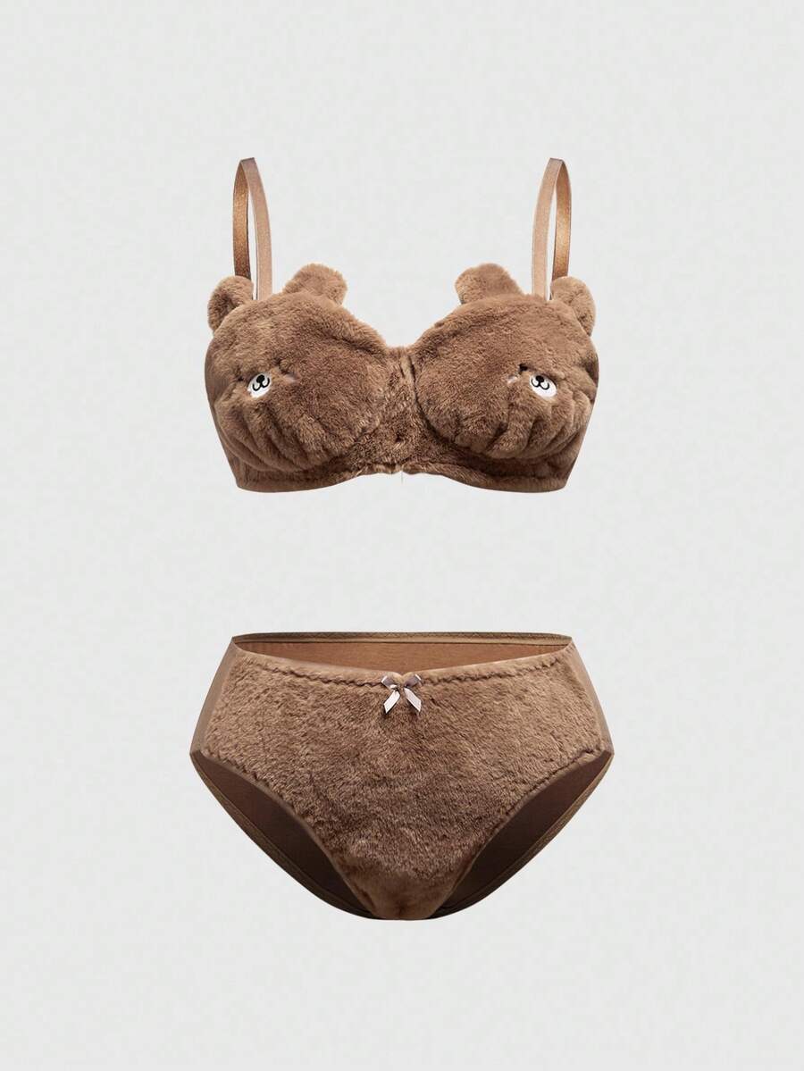 ROMWE Kawaii 可爱刺绣毛绒熊手工无钢圈加大码内衣套装，情人节礼物