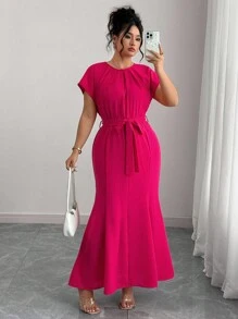Elenzga Plus Size Women's Elegant Solid Color Belted Fitted Mermaid Dress Women Elegant Dress Dress With Belt Solid Color Dress Summer Elegant Dress Short Sleeve Maxi Dress