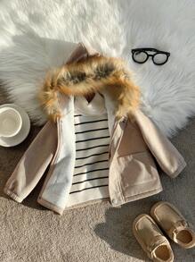 SHEIN Unisex Baby Casual Thermal Lined Hooded Long Jacket, Suitable For Autumn And Winter Fall - Multicolor - View 5