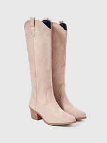 ROMWE Kawaii Giày bốt cao bồi miền Tây thêu thời trang cỡ lớn dành cho nữ, lót da lộn, bốt cao đến đầu gối, mẫu mới Thu/Đông 2025, ngoài trời, màu hồng - Màu be - Xem 3