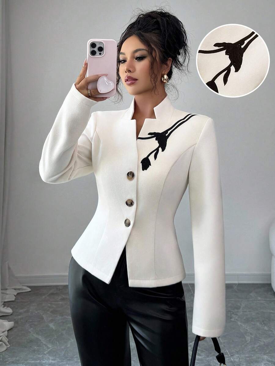 Selianne Women's Black And White Autumn/Winter Fitted Stand Collar Long Sleeve Embroidered Double-Sided Overcoat,Elegant Office Fashion For Commuting Casual - Apricot - View 1