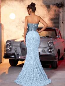 Glamrae Elegant Sequin Embroidered Lace Patchwork Strapless Neckline High Slit Fishtail Formal Evening Gown For Women, For Valentine's Day - Baby Blue - View 3