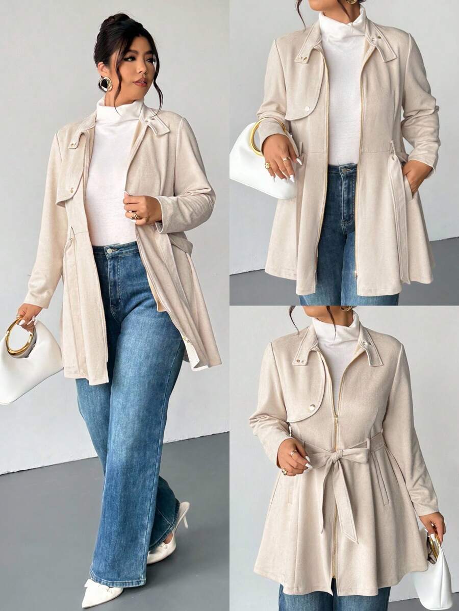 Firerie Plus Size Women's Cinched Waist A-Line Suede Fabric Beige Trench Coat, Loose Fit Midi Length Jacket; Suitable For Valentine's Day, Concerts, Performances, Dates, Formal Dinners, Galas, Weddings, Sexy, Elegant, Commute, Back To School, Romantic, Office Diva, Mermaid Style, Birthday Party/Slightly Elastic Waist Umbrella-Style Long-Sleeved Trench Coat Autumn Winter Clothes For Women